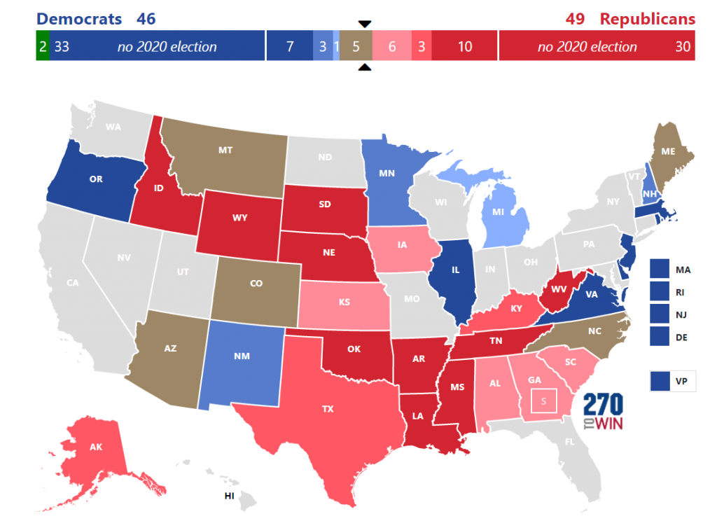 Senate seats up for election in 2020 color coded by latest polling