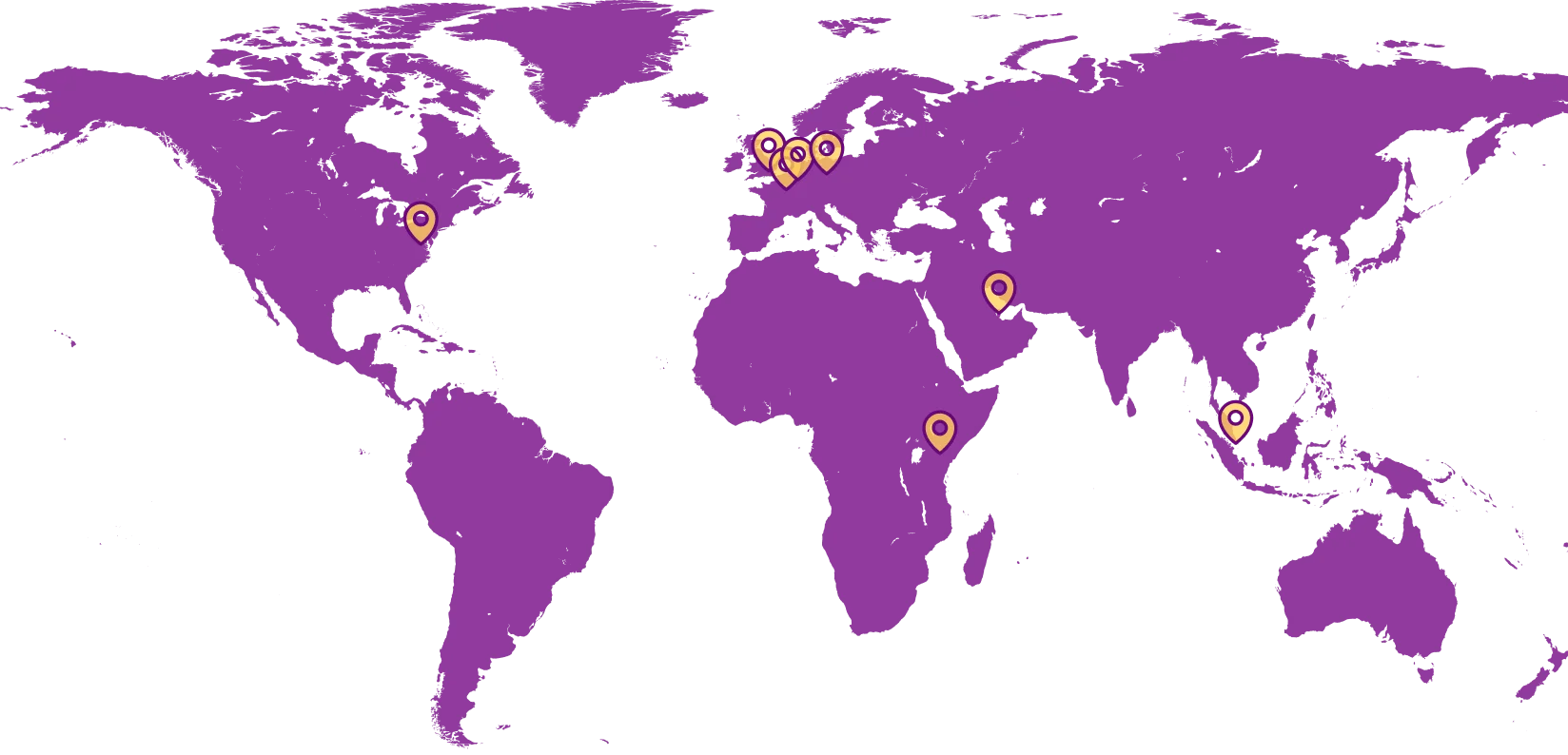 purple map featuring location pins across several countries