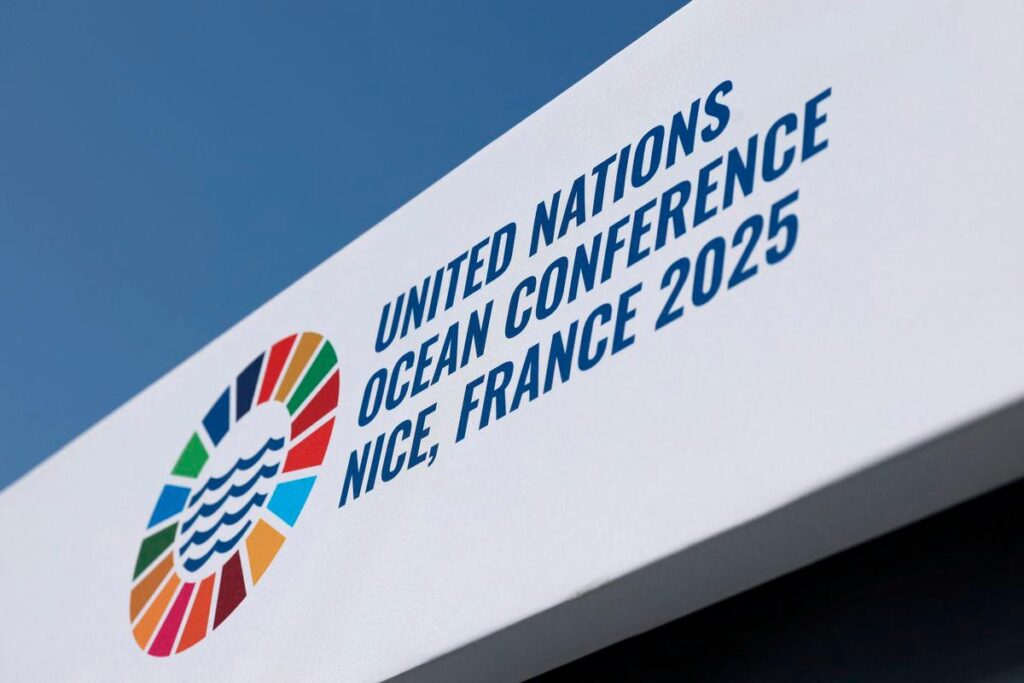 Sign reading United Nations Ocean Conference, Nice, France 2025