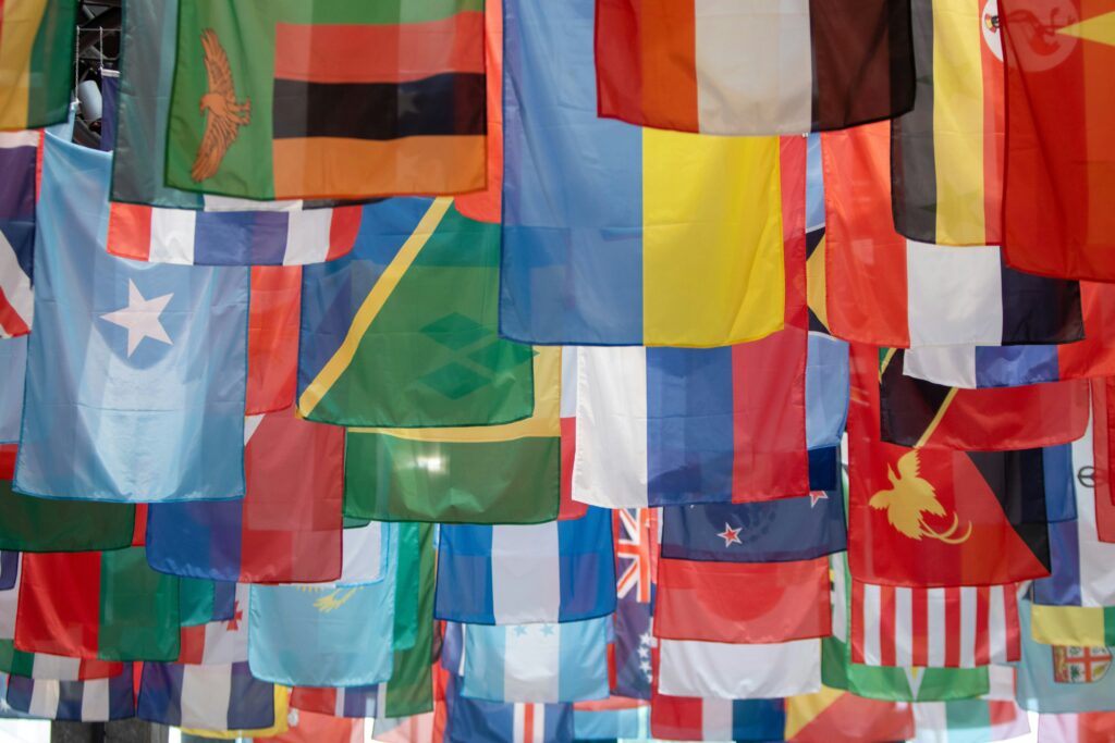 Picture showing UN Flags hanging from ceiling