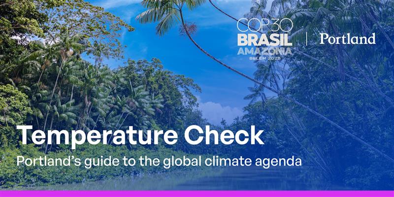 Banner for COP30 Brasil Amazônia Belém 2025 titled ‘Temperature Check: Portland’s guide to the global climate agenda,’ over a background of lush rainforest and blue sky.