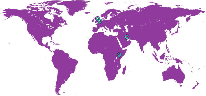 Purple world map with teal location pins in London, Paris, Doha, and Nairobi.