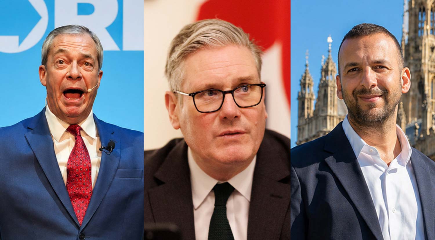 Banner showing three politicians: Nigel Farage on the left speaking energetically in a blue suit and red tie with a microphone; Keir Starmer in the center wearing glasses and a dark suit, looking to the side; and Zack Polanski on the right smiling in a dark blazer and white shirt, with an ornate historic building in the background.