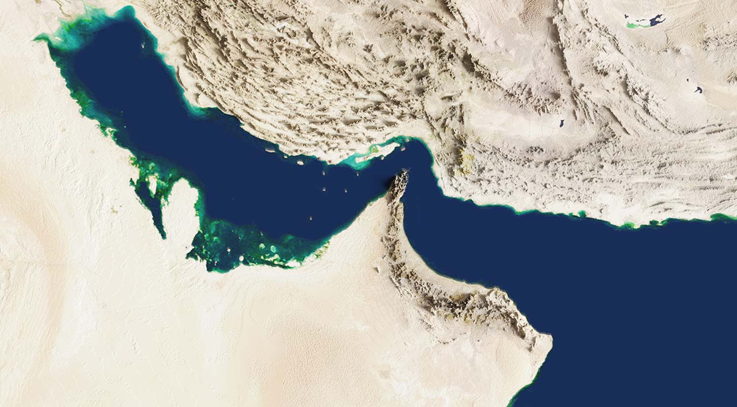 The Strait of Hormuz is an oil transportation route that is currently facing a crisis. 3D rendering of the Strait of Hormuz. Satellite view.