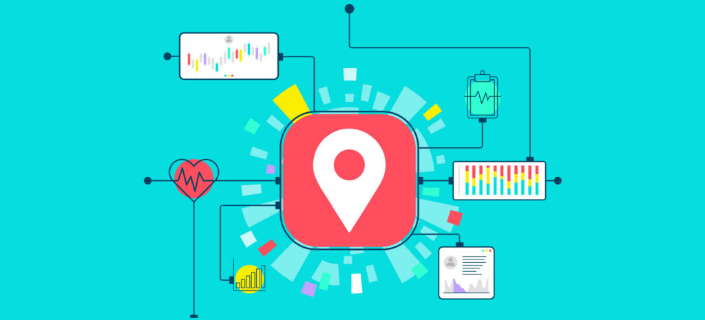 Illustration of a location pin connected to health monitoring and data analytics charts.